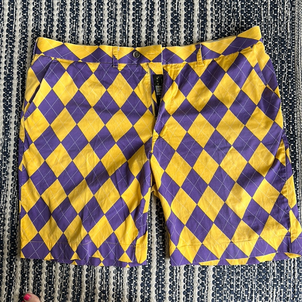 Men’s Loudmouth argyle shorts, purple and yellow, 44, great pre loved condition